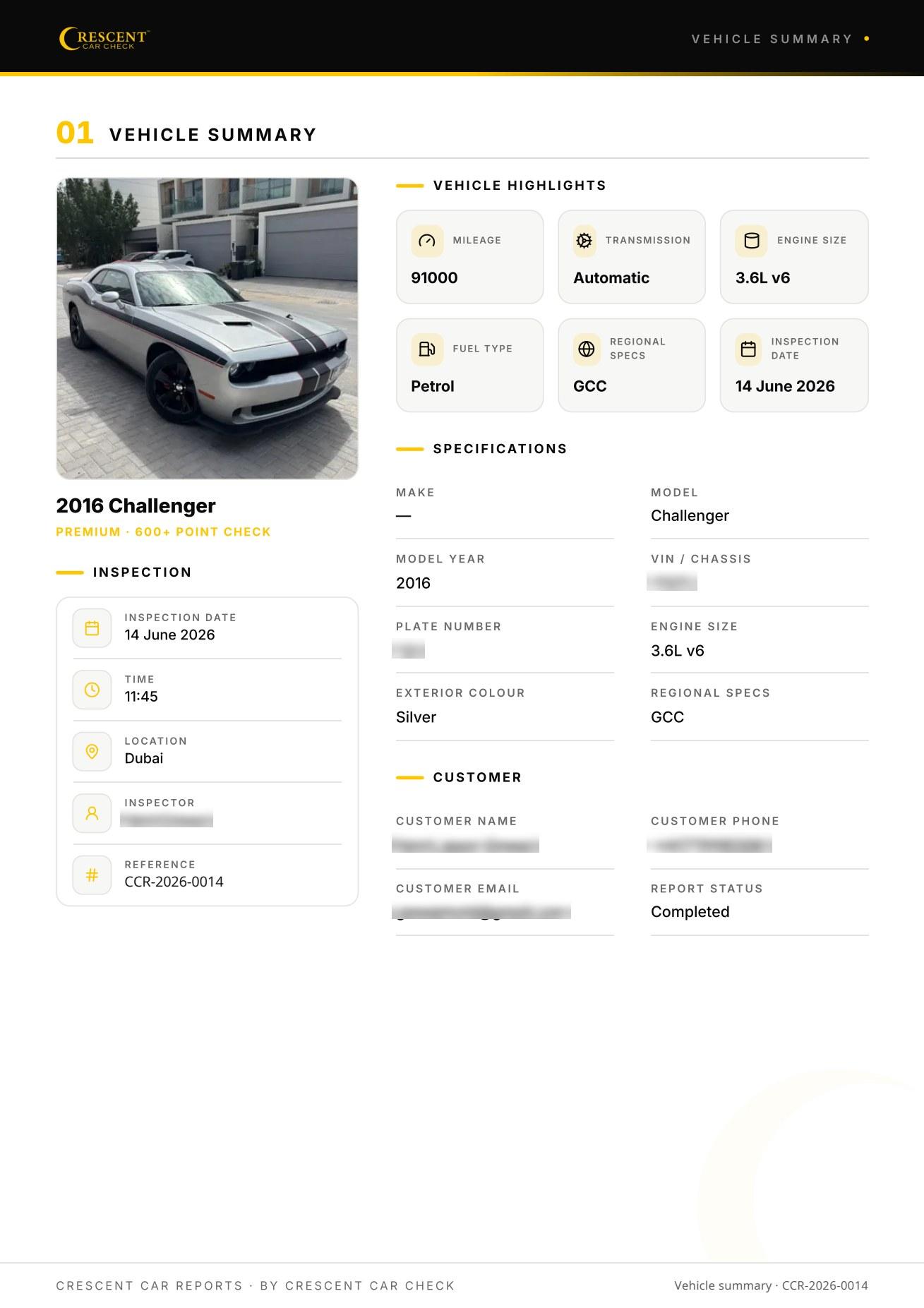 Crescent Car Check inspection report — vehicle summary page