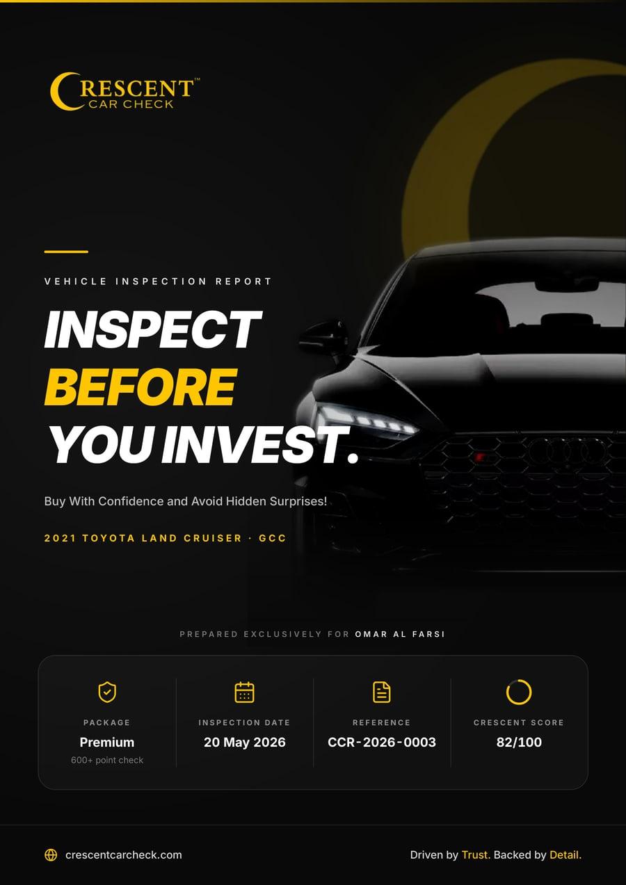 Sample Crescent Car Check inspection report — cover page for a 2021 Toyota Land Cruiser (Premium inspection), Crescent Score 82 out of 100