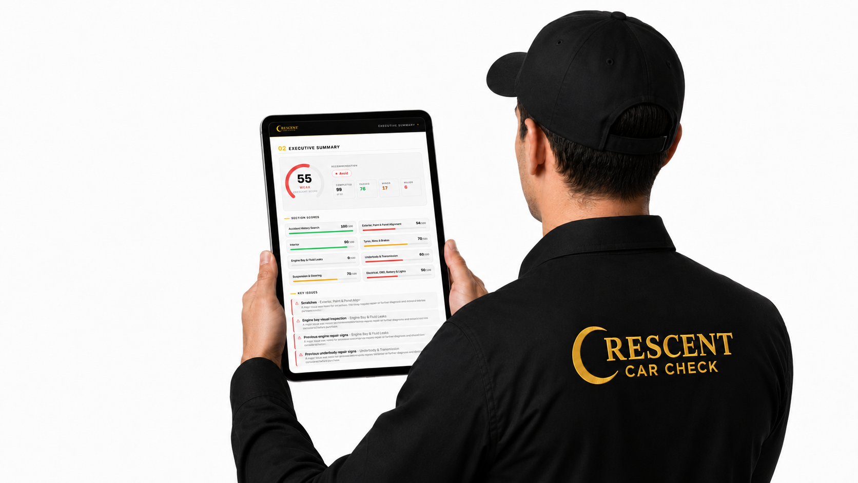 Crescent inspector reviewing a digital inspection report on a tablet
